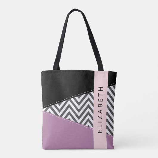 Gray Zigzag, grau Zickzack, Lila, Ihr Name Tasche (Rückseite)