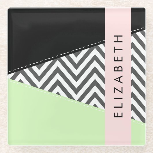 Gray Zigzag, grau Zickzack, Mint, Ihr Name Glasuntersetzer (Vorderseite)
