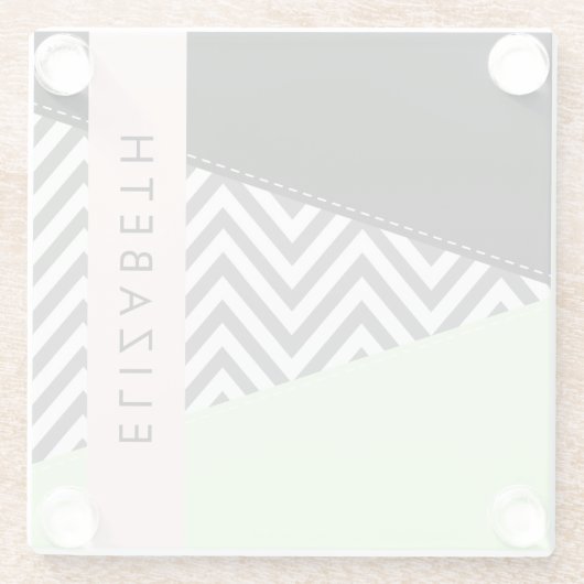 Gray Zigzag, grau Zickzack, Mint, Ihr Name Glasuntersetzer (Rückseite)
