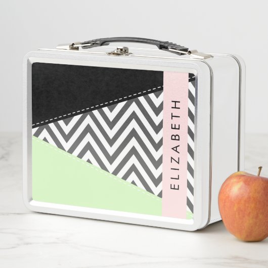 Gray Zigzag, grau Zickzack, Mint, Ihr Name Metall Brotdose (Beispiel)