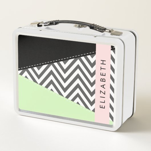 Gray Zigzag, grau Zickzack, Mint, Ihr Name Metall Brotdose (Rückseite)