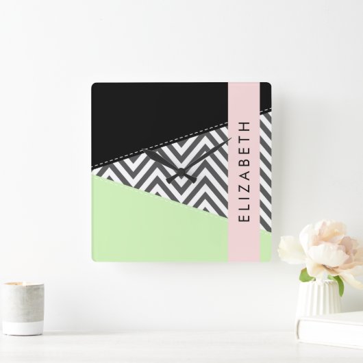 Gray Zigzag, grau Zickzack, Mint, Ihr Name Quadratische Wanduhr (Zuhause)