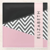Gray Zigzag, grau Zickzack, rosa, Ihr Name Glasuntersetzer (Vorderseite)