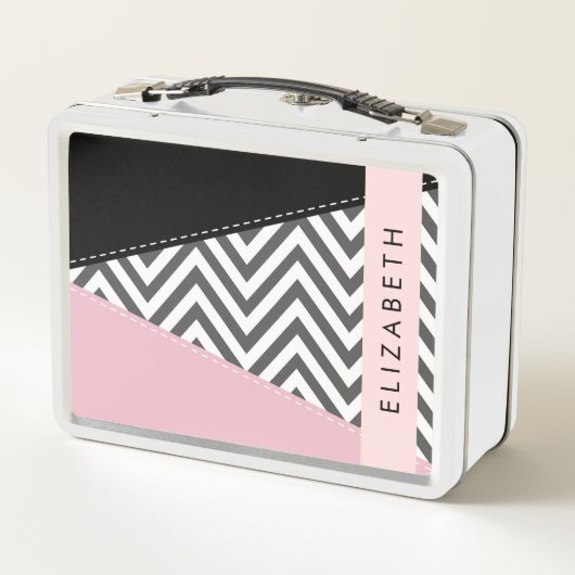 Gray Zigzag, grau Zickzack, rosa, Ihr Name Metall Brotdose (Rückseite)