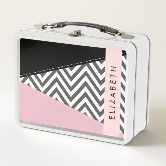 Gray Zigzag, grau Zickzack, rosa, Ihr Name Metall Brotdose (Vorderseite)