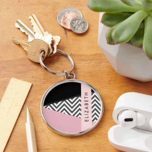 Gray Zigzag, grau Zickzack, rosa, Ihr Name Schlüsselanhänger (Schreibtisch)