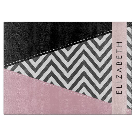 Gray Zigzag, grau Zickzack, rosa, Ihr Name Schneidebrett (Vorderseite)