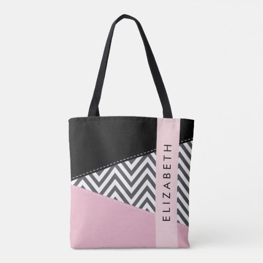 Gray Zigzag, grau Zickzack, rosa, Ihr Name Tasche (Rückseite)