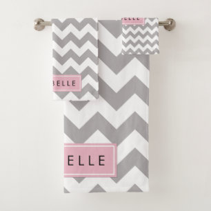 Gray Zigzag, grau Zickzack, Wellenmuster, Ihr Name Badhandtuch Set