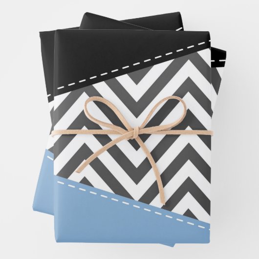Gray Zigzag, grau Zickzack, Zigzag Muster, blau Geschenkpapier Set (Beispiel)