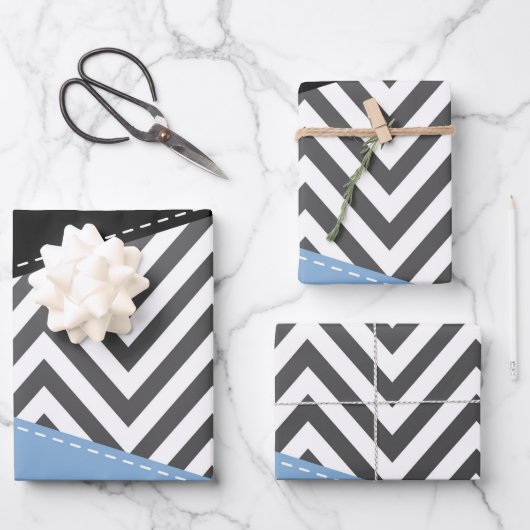 Gray Zigzag, grau Zickzack, Zigzag Muster, blau Geschenkpapier Set (Vorderseite)