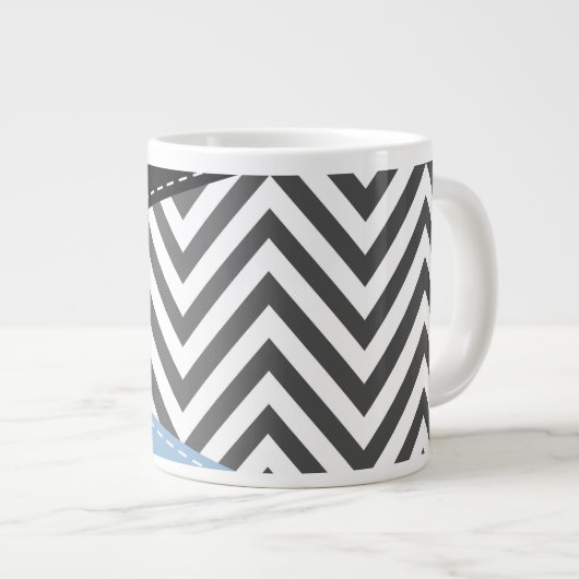 Gray Zigzag, grau Zickzack, Zigzag Muster, blau Jumbo-Tasse (Vorderseite Rechts)