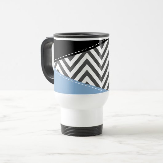Gray Zigzag, grau Zickzack, Zigzag Muster, blau Reisebecher (Vorderseite Links)