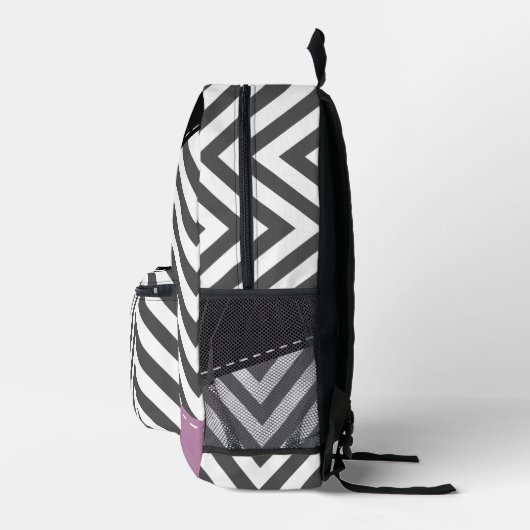 Gray Zigzag, grau Zickzack, Zigzag Muster, Lila Bedruckter Rucksack (Rechts)