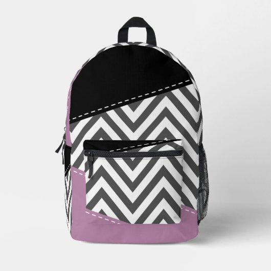 Gray Zigzag, grau Zickzack, Zigzag Muster, Lila Bedruckter Rucksack (Vorderseite)