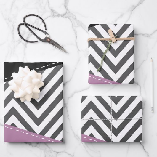 Gray Zigzag, grau Zickzack, Zigzag Muster, Lila Geschenkpapier Set (Vorderseite)