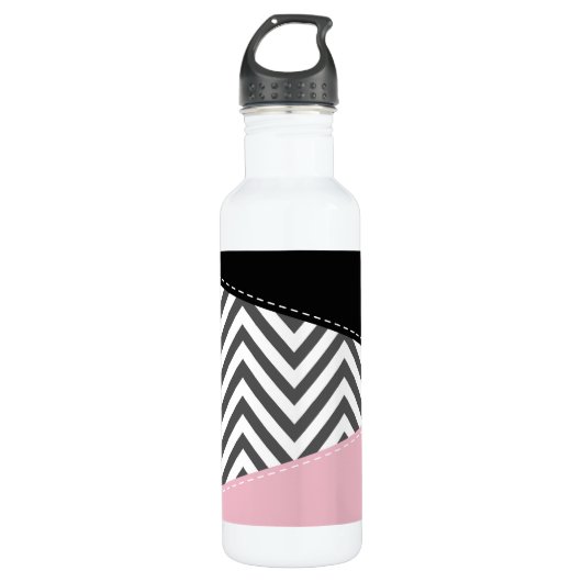 Gray Zigzag, Gray Chevron, Zigzag Pattern, Pink Edelstahlflasche (Vorderseite)