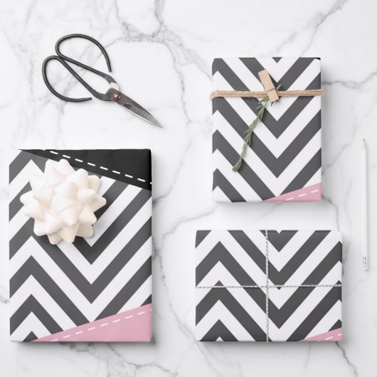 Gray Zigzag, Gray Chevron, Zigzag Pattern, Pink Geschenkpapier Set (Vorderseite)