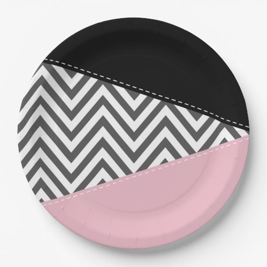 Gray Zigzag, Gray Chevron, Zigzag Pattern, Pink Pappteller (Vorderseite)