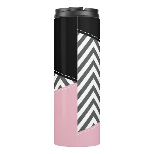 Gray Zigzag, Gray Chevron, Zigzag Pattern, Pink Thermosbecher (Rückseite)