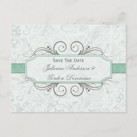 Grayed Jade und Gray Damask Save the Date Ankündigungspostkarte (Vorderseite)