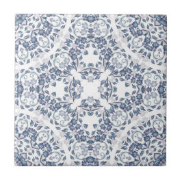 Grayish Blue White Floral Mandala Fliese