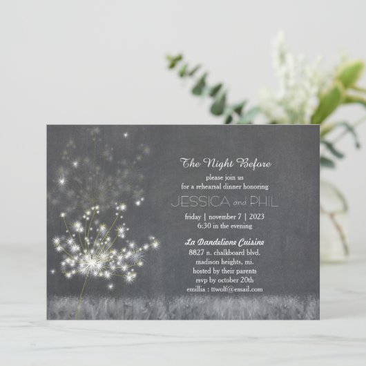 Grayscale Dandelion Wedding Probe Dinner Einladung (Stehend Vorderseite)