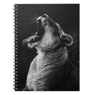 GRAYSCALE FOTOGRAFIE DER YAWNING LIONESS NOTIZBLOCK