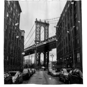 GRAYSCALE PHOTOGRAPHY OF BROOKLYN BRIDGE DUSCHVORHANG