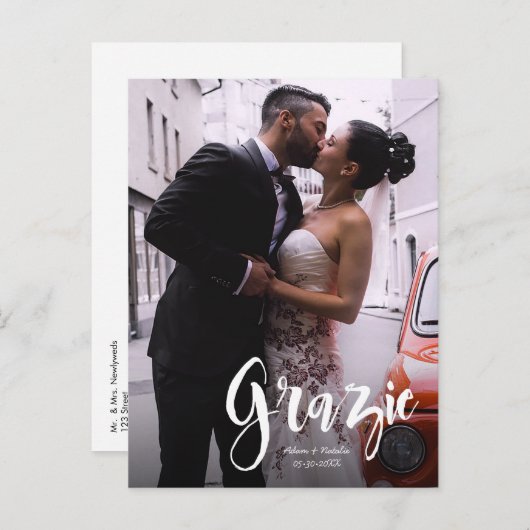 Grazie, modern, Script ・ Foto, Namen & Datum Ankündigungspostkarte (Vorne/Hinten)