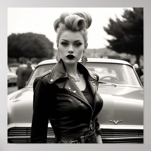 Greaser-Punkgirl vor einem Oldtimer Poster (Vorne)