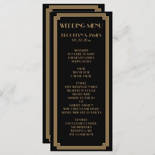 Great Art Deco Black Gold Wedelkarte Menükarte (Vorne/Hinten)