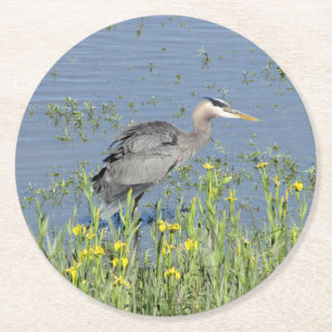 Great Blue Heron in River. Runder Pappuntersetzer