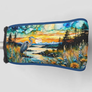 Great Blue Heron Sunset Wildblumen Landschaft Golf Headcover