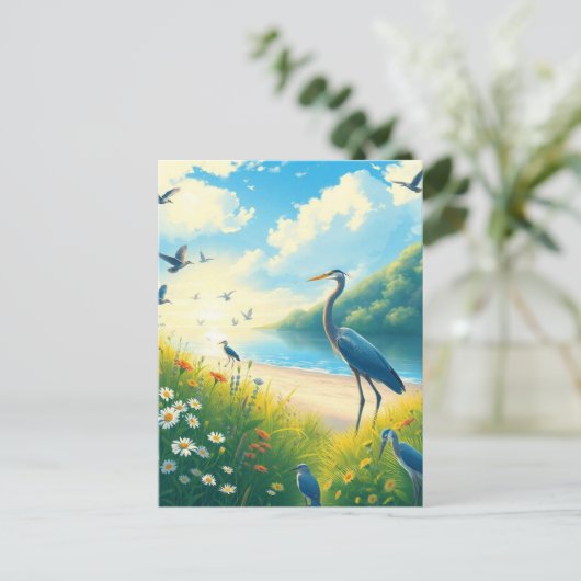 Great Blue Heron Sunset Wildblumen Landschaft Postkarte (Stehend Vorderseite)