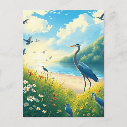 Great Blue Heron Sunset Wildblumen Landschaft Postkarte (Vorderseite)
