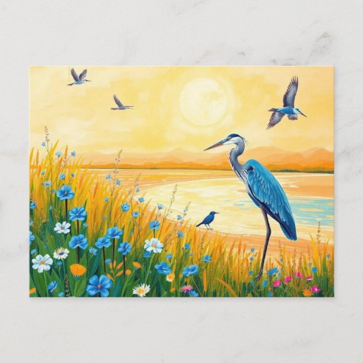 Great Blue Heron Sunset Wildblumen Landschaft Postkarte (Vorderseite)