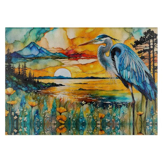Great Blue Heron Sunset Wildblumen Landschaft Schneidebrett (Vorderseite)