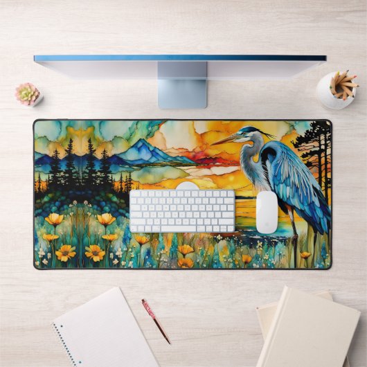 Great Blue Heron Sunset Wildblumen Landschaft Schreibtischunterlage (Büro 1)