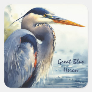 Great Blue Herone Watercolor Bird Art Feuchtgebiet Quadratischer Aufkleber