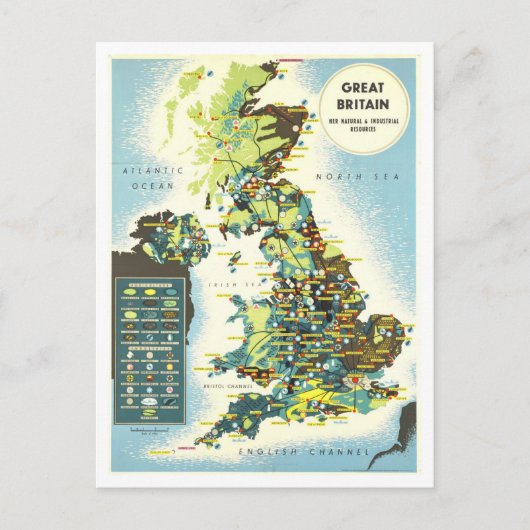 Great Britain Resources Map Vintag Postkarte (Vorderseite)
