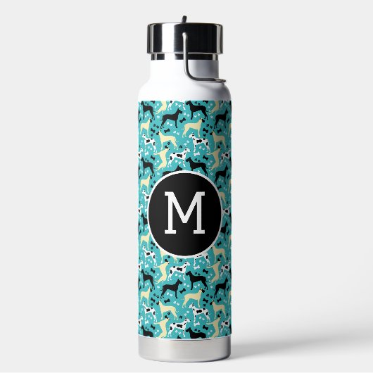 Great Dane Aquamarin Harlequin Fawn Black Dog Mono Trinkflasche (Links)