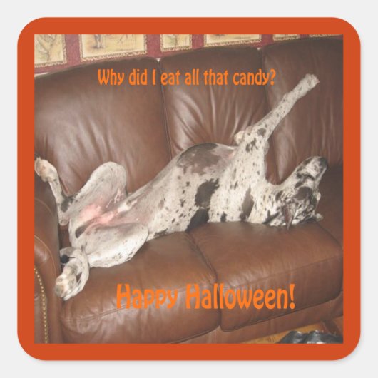 Great Dane Ate zu viel Halloween Candy Quadratischer Aufkleber (Vorderseite)