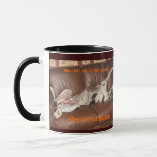 Great Dane Ate zu viel Halloween Candy Tasse (Links)