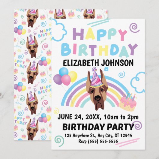 Great Dane Birthday Invitation Einladung (Vorne/Hinten)