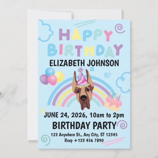 Great Dane Birthday Invitation in Blue Einladung (Vorderseite)