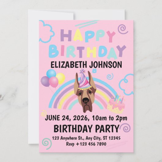 Great Dane Birthday Invitation in Pink Einladung (Vorderseite)