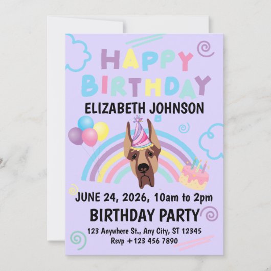 Great Dane Birthday Invitation in Purple Einladung (Vorderseite)