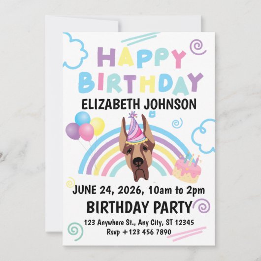 Great Dane Birthday Invitation in White Einladung (Vorderseite)