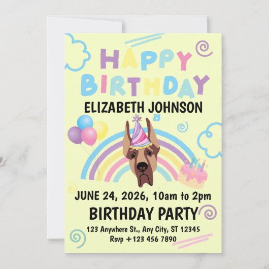 Great Dane Birthday Party Invitation Yellow Einladung (Vorderseite)